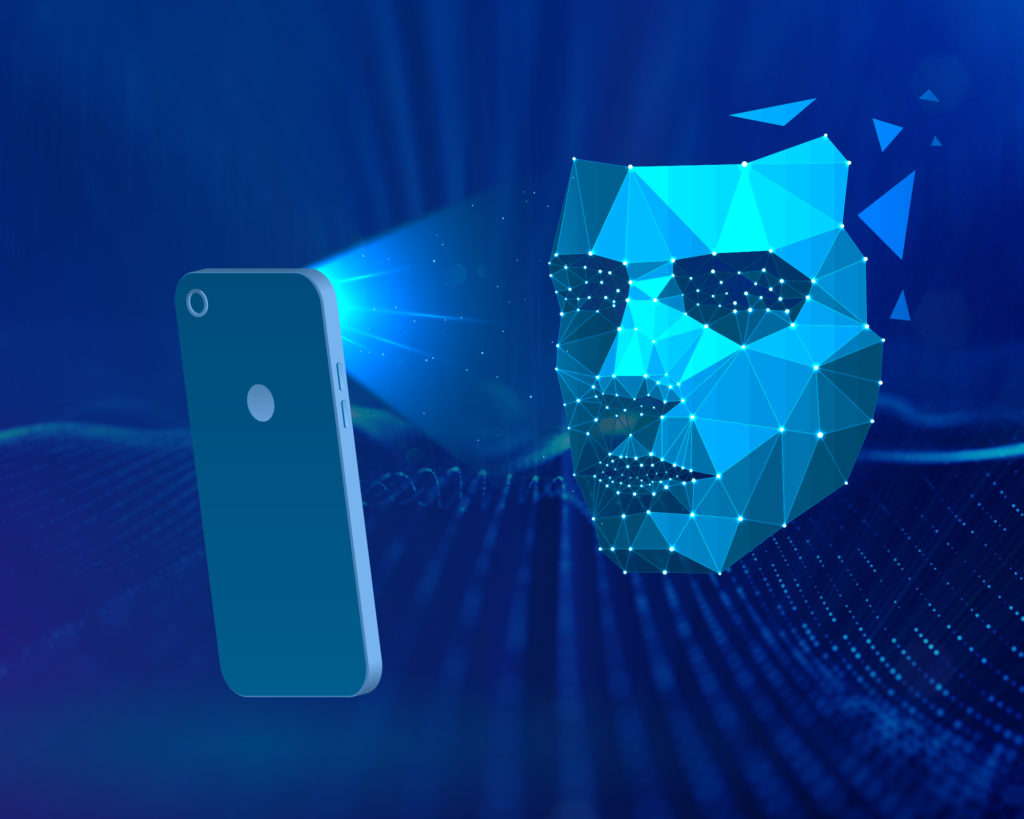 Animated graphic showing facial recognition via smartphone