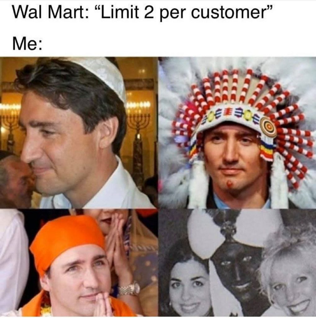 Four-panel meme showing four different photos of Justin Trudeau, including one in blackface