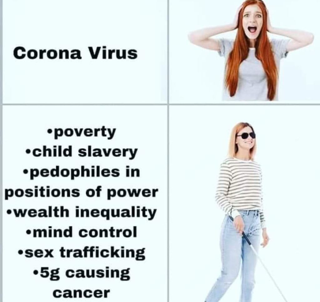 Four-panel meme about coronavirus with two images of young women