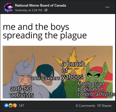 Meme showing a group of four anime characters with accompanying text reading, "me and the boys spreading the plague"