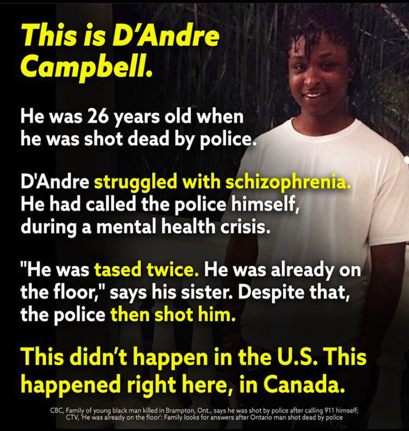 Image of a young black man, D'Andre Campbell, with accompanying text explaining how he was shot by police.
