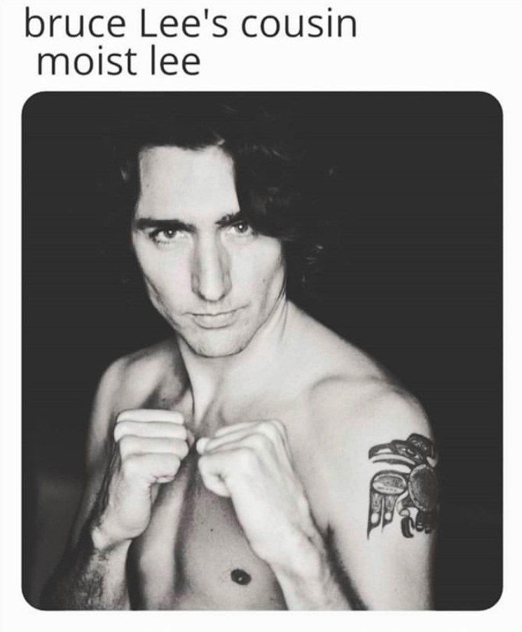 Image of Justin Trudeau, hands held like a boxer. Text reads, "bruce Lee's cousin moist lee"