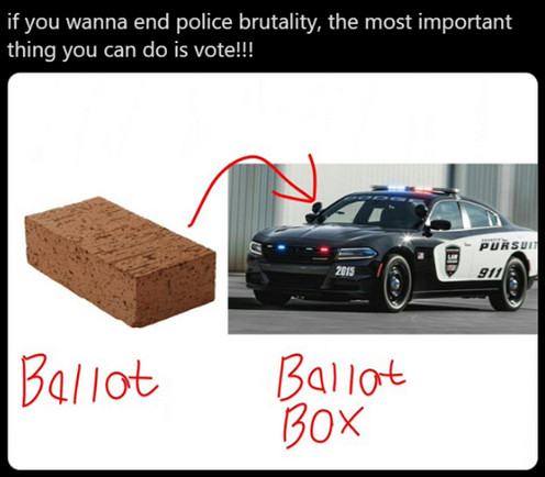 Meme depicting a brick labelled "Ballot" and a police car labelled "Ballot Box", with an arrow pointing from the brick to the car.