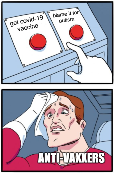 Two-panel meme showing two red buttons and a person wiping sweat off their forehead