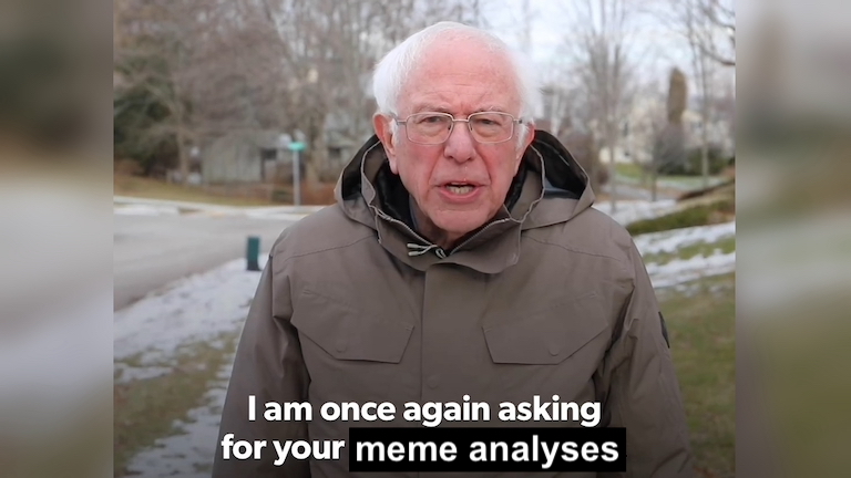 A meme of Bernie Sanders asking for meme analysis submissions